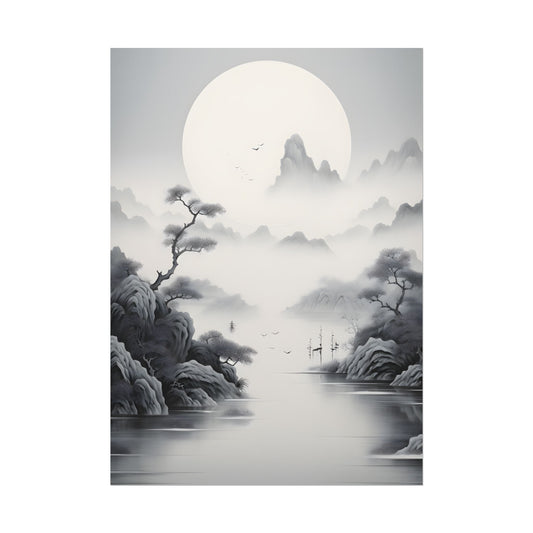 Chinese Ink Mirror Landscape: Serene Artwork - Poster