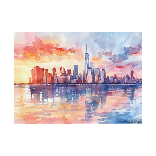 Watercolor NYC Sunset Skyline: Romantic Cityscape Art - Poster