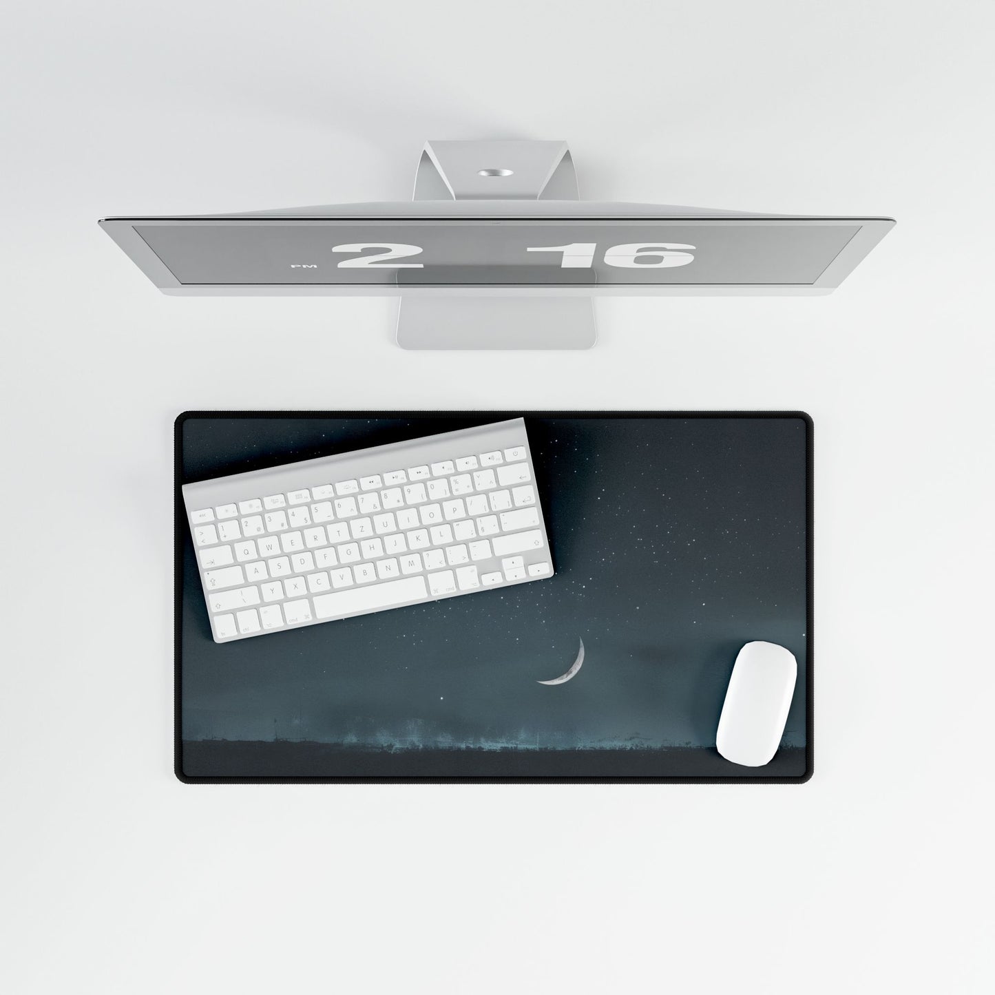 Minimalist Night Tree: Soft Lighting in Blue-Gray Skies - Desk Mat