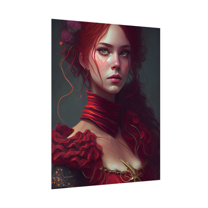 Vibrant Redhead Portrait: Female Artwork in Red Dress - Poster