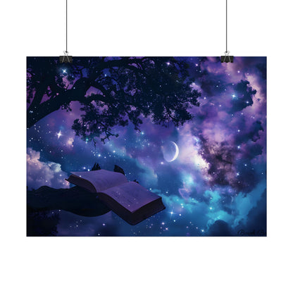 Mystical Night Sky: Celestial Dreams with Crescent Moon Art - Poster
