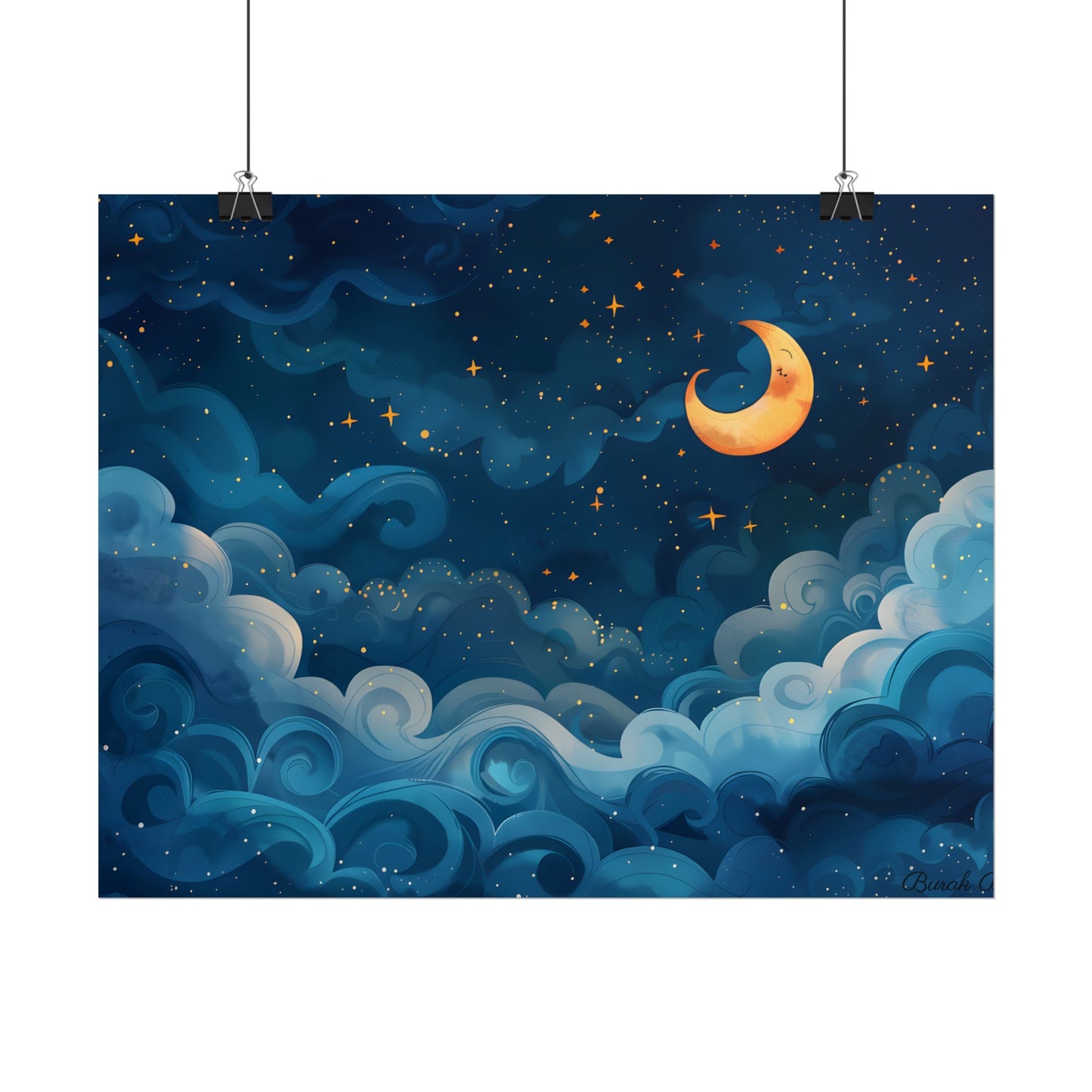 Surreal Night Sky Dreamscape: Whimsical Stars and Clouds Art - Poster