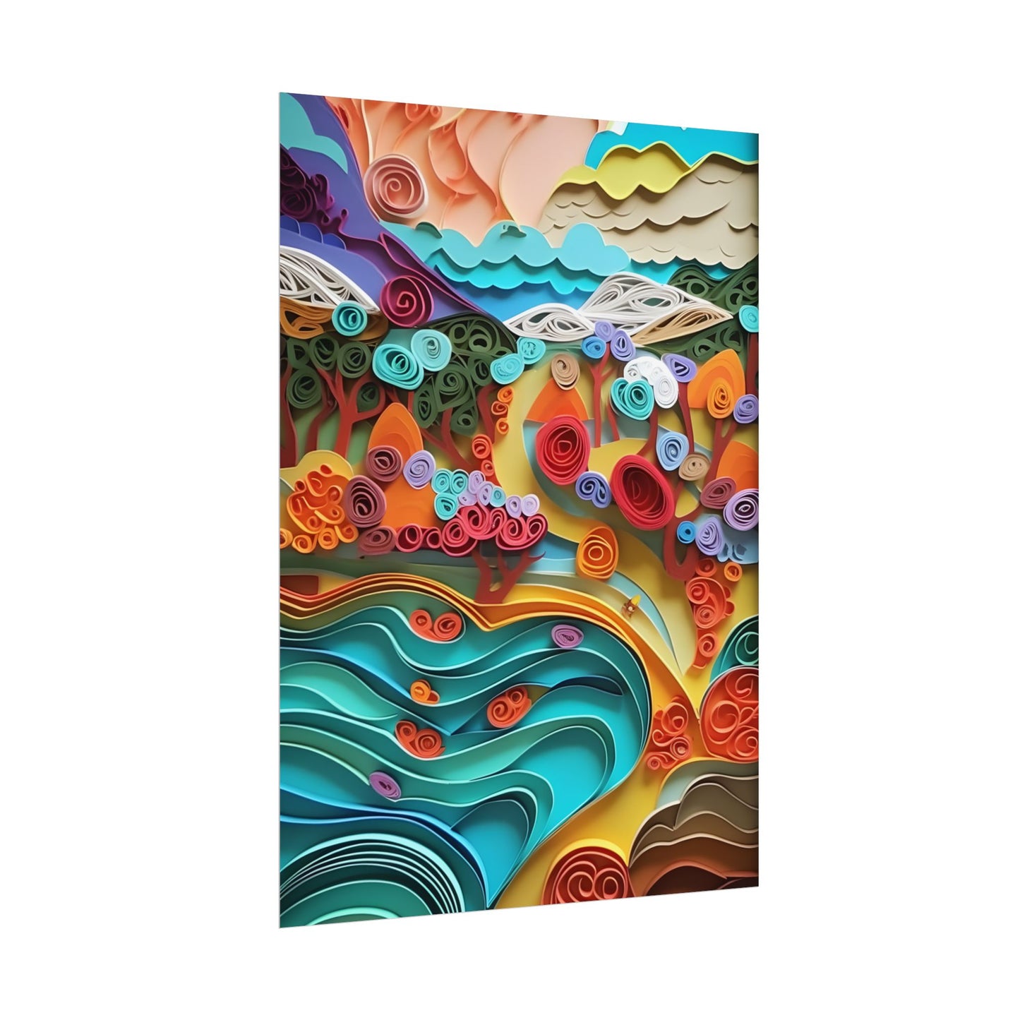 Paper Quilled Beach Bliss: Artistic Coastal Landscape - Poster