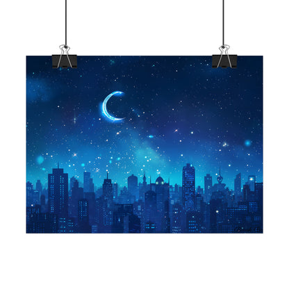 Peaceful Night Sky with Crescent Moon: Starry Digital Art - Poster