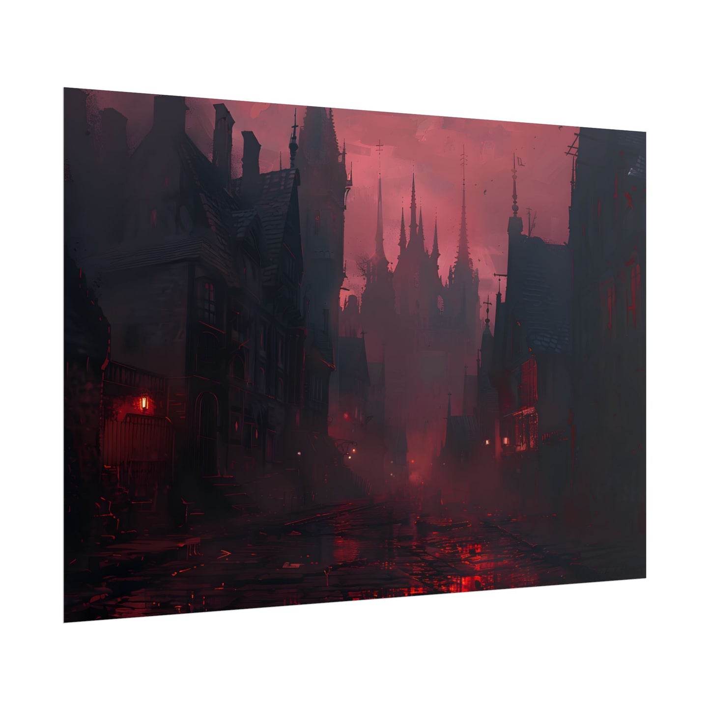 Dark Gothic Cityscape: A Serene Misty Dusk Scene - Poster