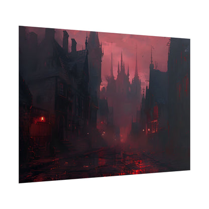 Dark Gothic Cityscape: A Serene Misty Dusk Scene - Poster