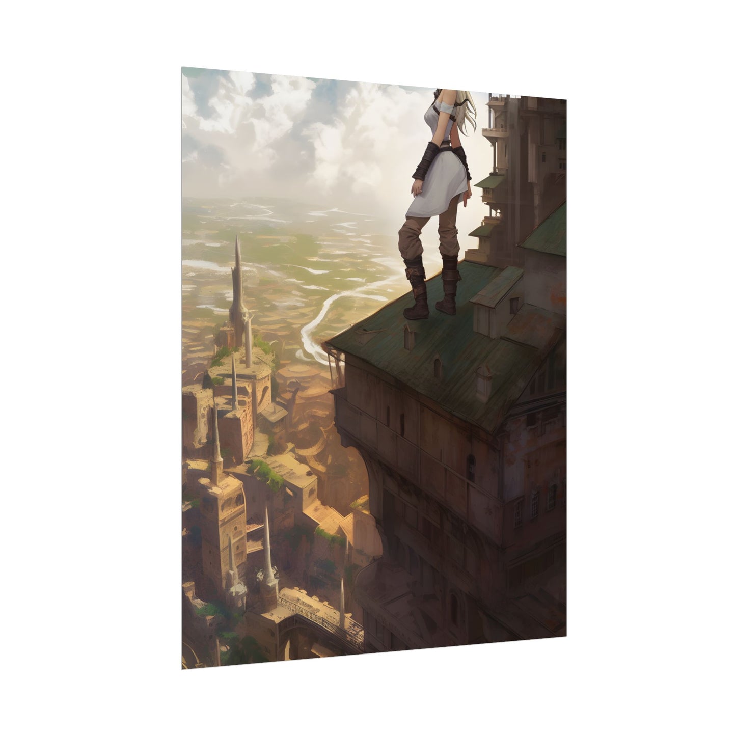 Dramatic Birds Eye View: Anime Blonde Female in Contemplation - Poster