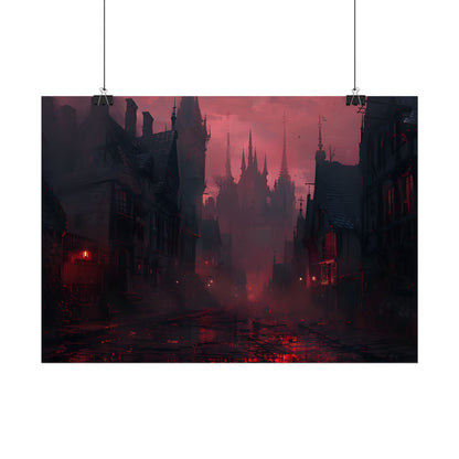 Dark Gothic Cityscape: A Serene Misty Dusk Scene - Poster