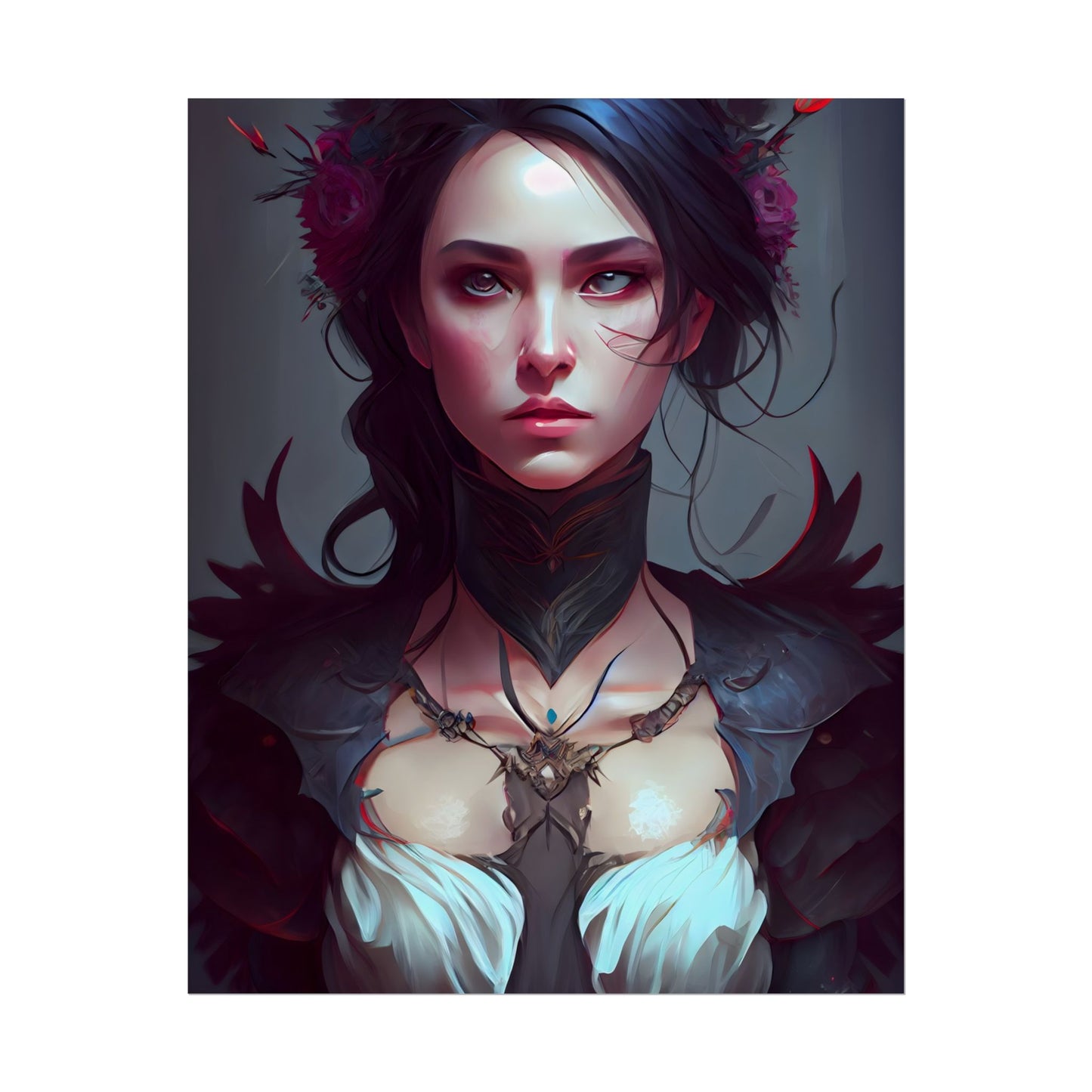 Enchanting Female Portrait: Elegant Black Dress Artwork - Poster