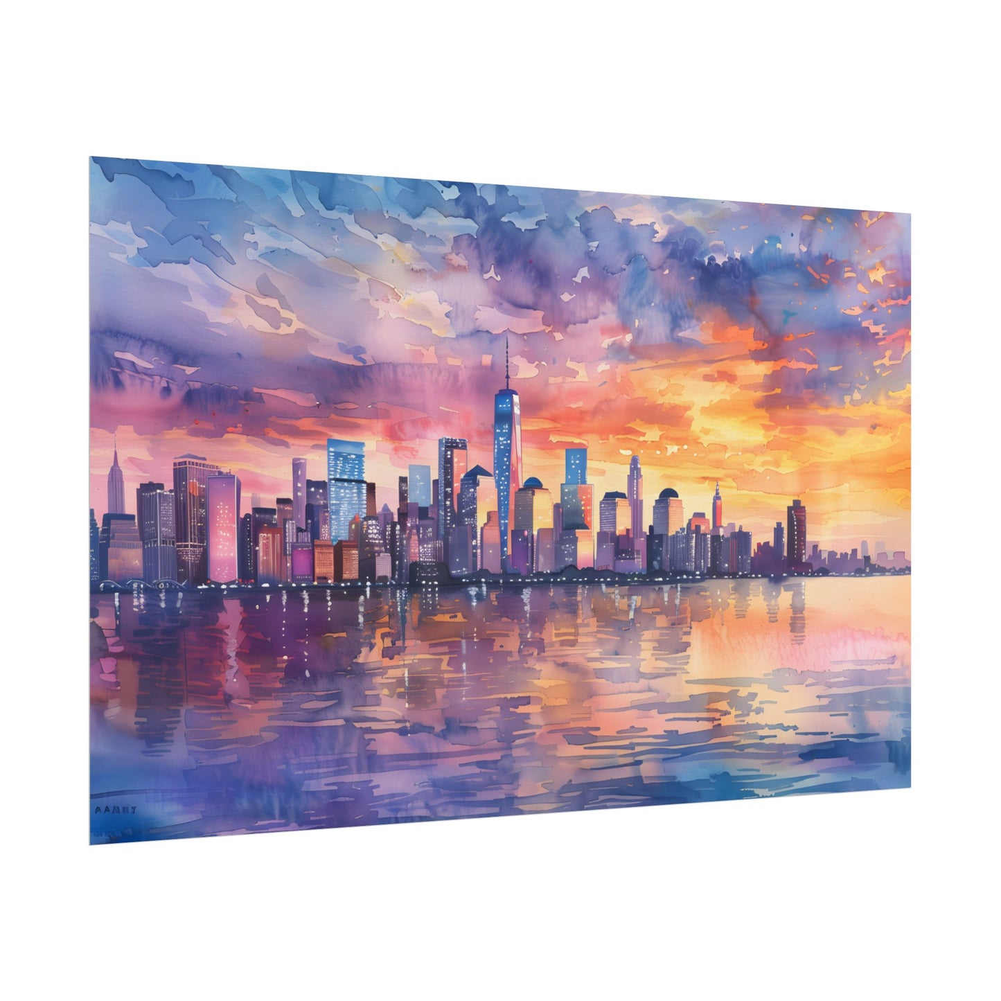 Serene NYC Sunset: Watercolor Skyline Reflections - Poster