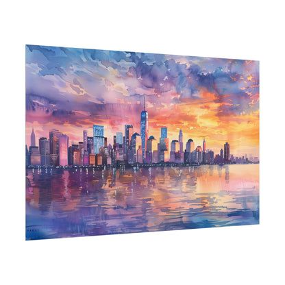 Serene NYC Sunset: Watercolor Skyline Reflections - Poster