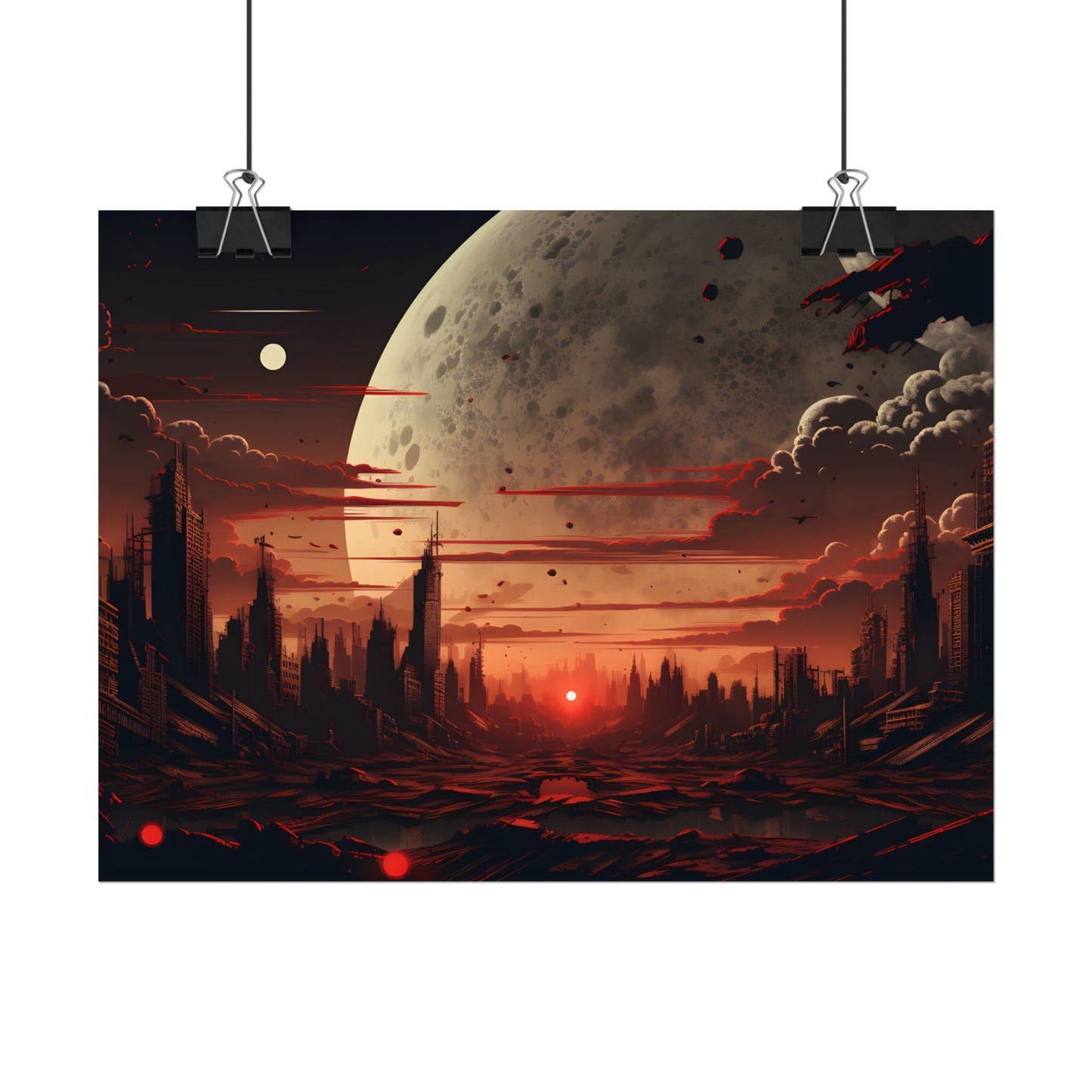 Landscape at Night: Burning Cyberpunk Neon Lights - Poster