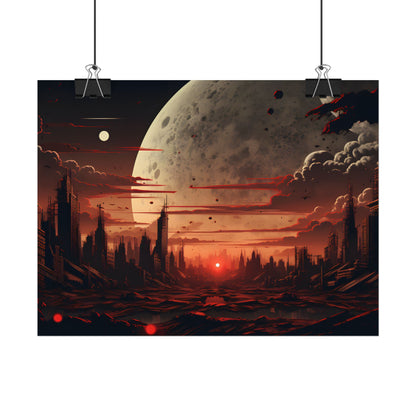 Landscape at Night: Burning Cyberpunk Neon Lights - Poster