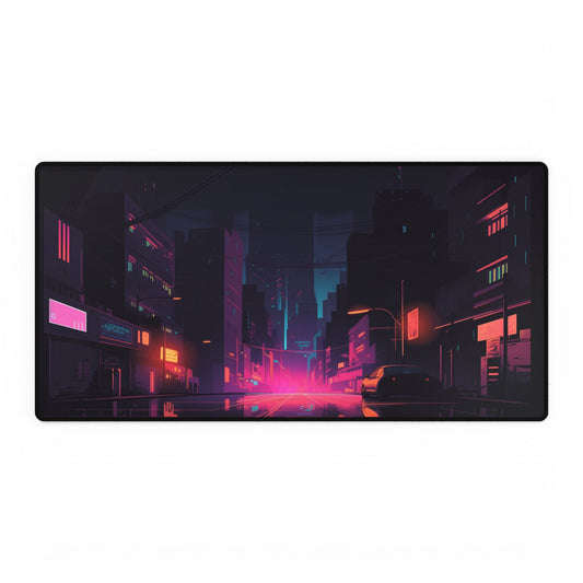 Cyberpunk Night: Moody Cityscape with Unique Architecture - Desk Mat