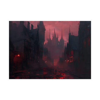 Dark Gothic Cityscape: A Serene Misty Dusk Scene - Poster