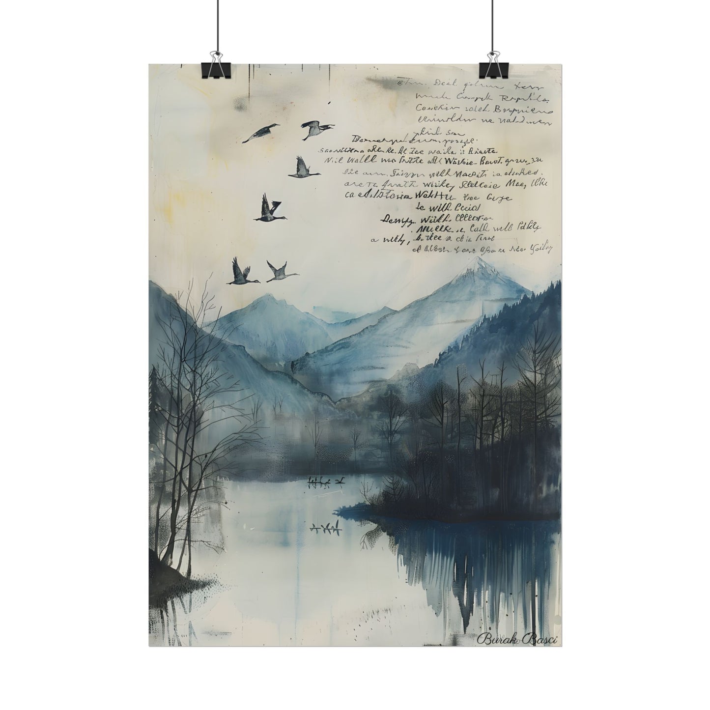 Nature's Serenity: Mountain Lake Birds in Flight Artwork - Poster