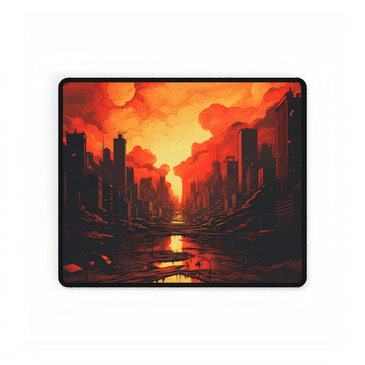 Cyberpunk Cityscape at Night: Burning Digital Artwork - Desk Mat