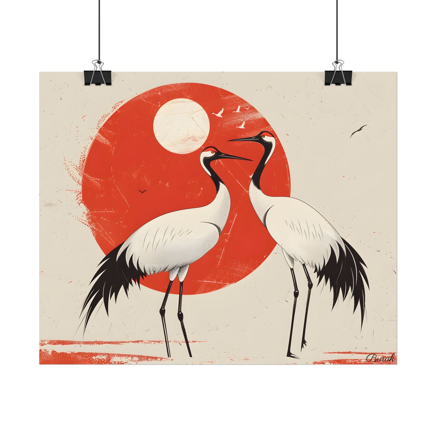 Serene Wildlife Sanctuary: Cranes in Red Nature Scene Art - Poster