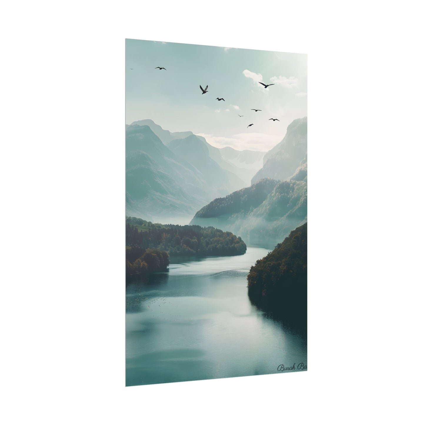Explore Serene Mountains and Lake: Aerial Perspective Digital Art - Poster