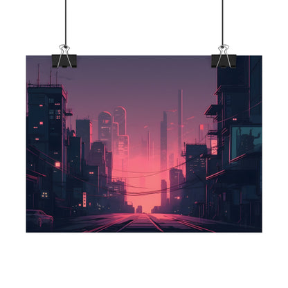 Cyberpunk Nighttime Cityscape: Melancholic Mood - Poster