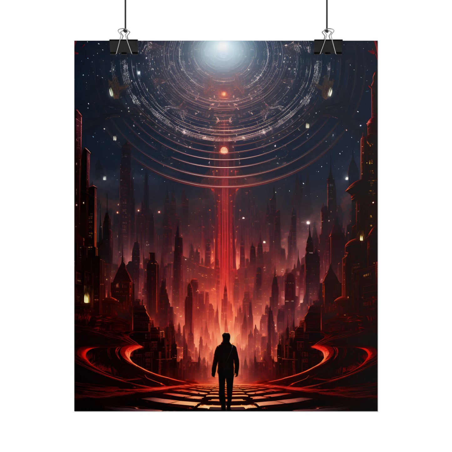 Futuristic Cityscape: Neon Sky Meets Nature's Harmony - Poster