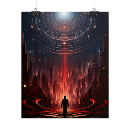 Futuristic Cityscape: Neon Sky Meets Nature's Harmony - Poster