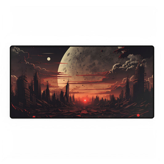 Landscape at Night: Burning Cyberpunk Neon Lights - Desk Mat