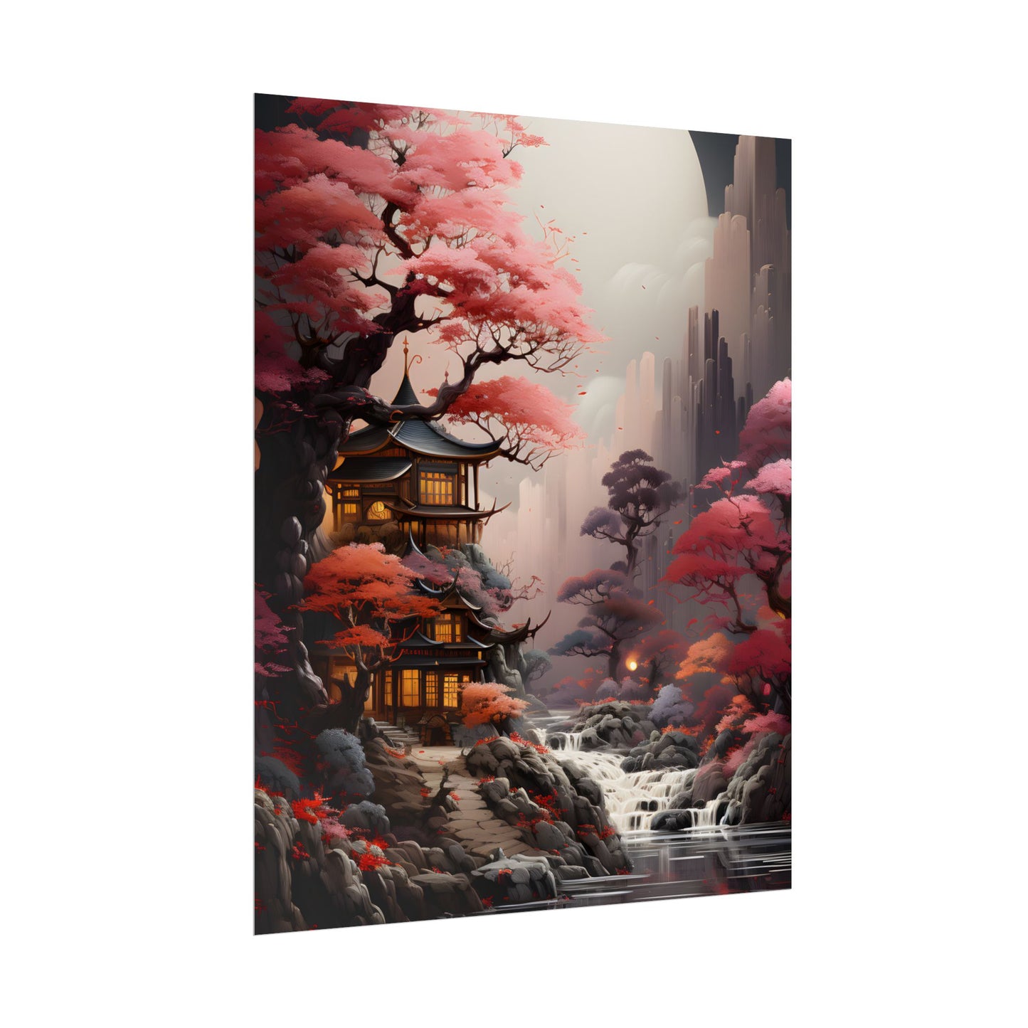Landscape Masterpiece in Ash Magenta and Moss Green: Serene Nature Artwork - Poster