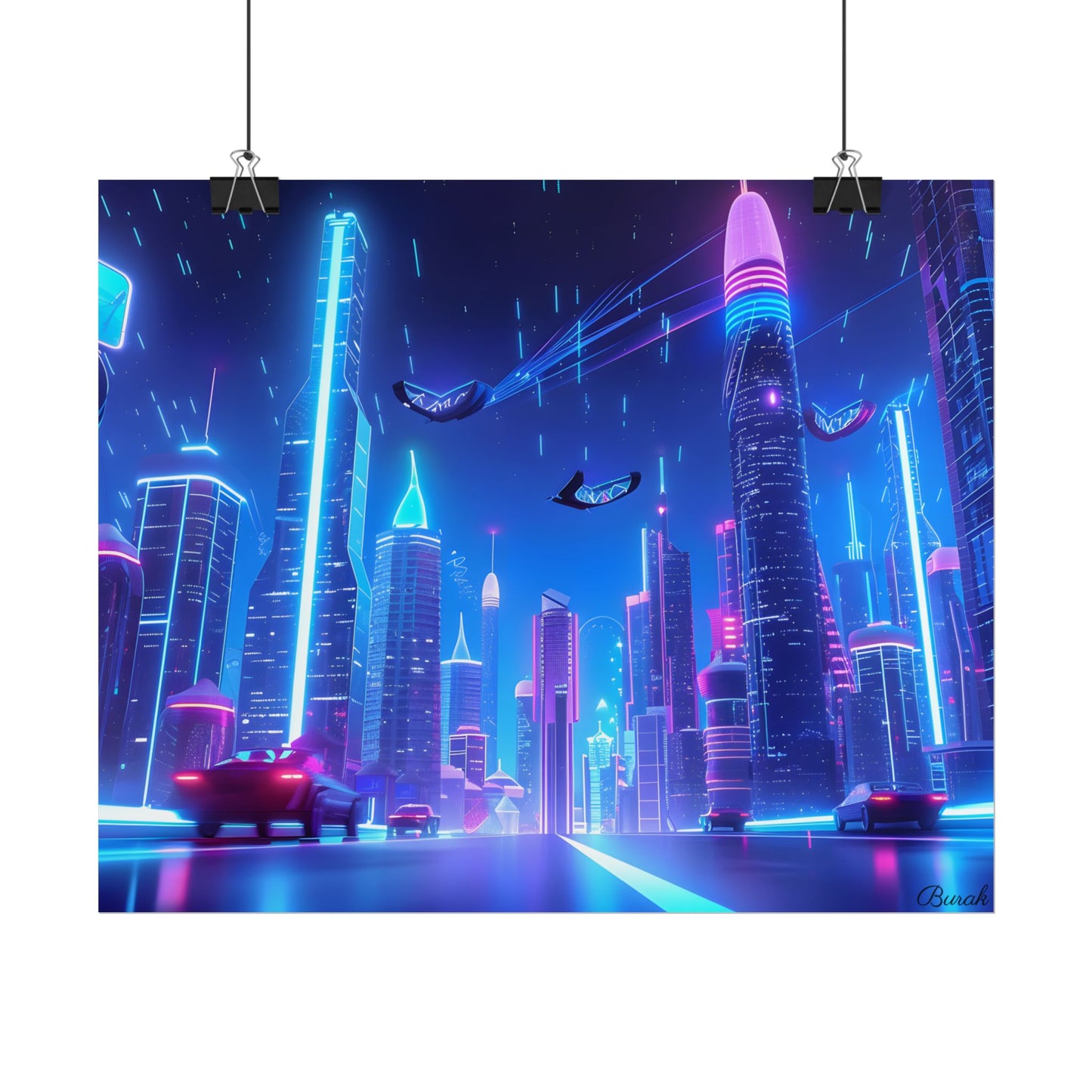 Vibrant Futuristic Cityscape: Neon Lights at Night Digital Artwork - Poster