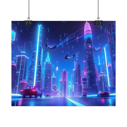 Vibrant Futuristic Cityscape: Neon Lights at Night Digital Artwork - Poster
