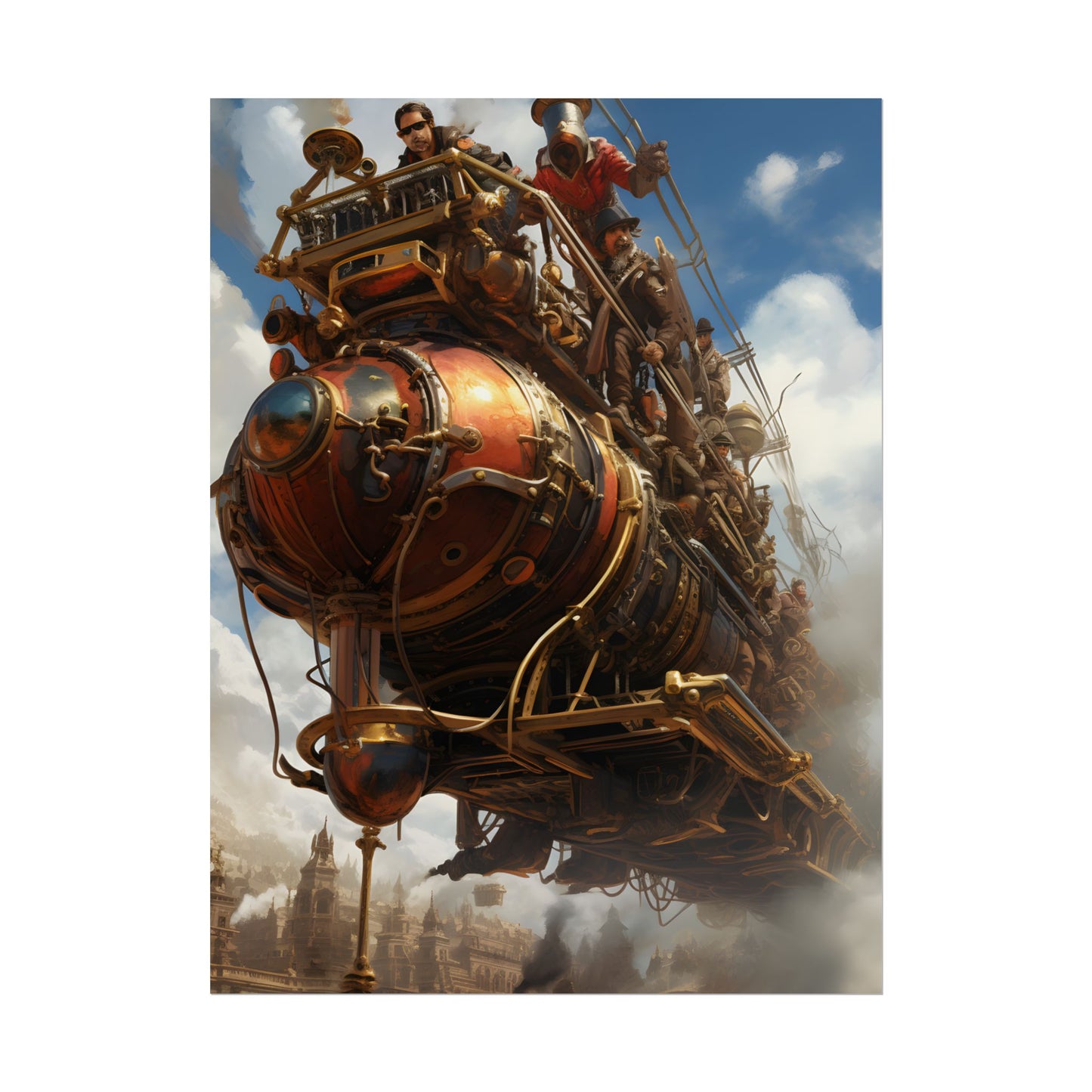 Thrilling Steampunk Sky-Liner: Racing Steam Locomotive on Colum - Poster