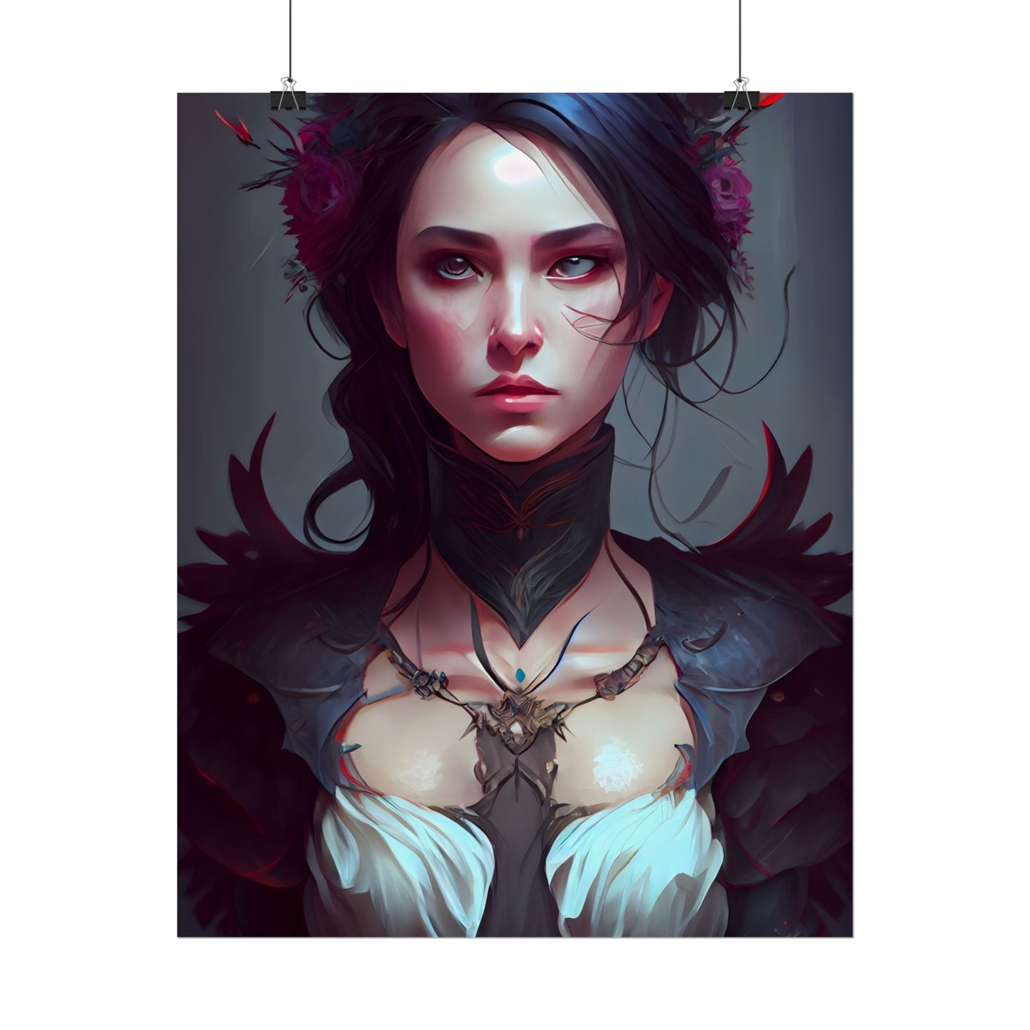 Enchanting Female Portrait: Elegant Black Dress Artwork - Poster