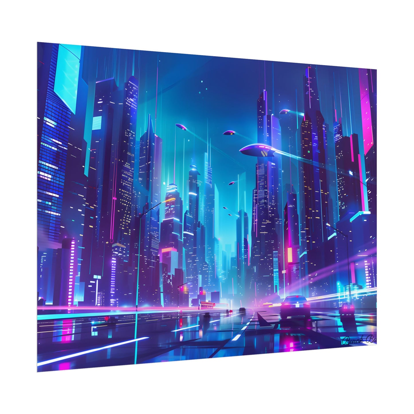 Futuristic Neon City: Towering Skyscrapers in a Vibrant Nighttime Sky - Poster