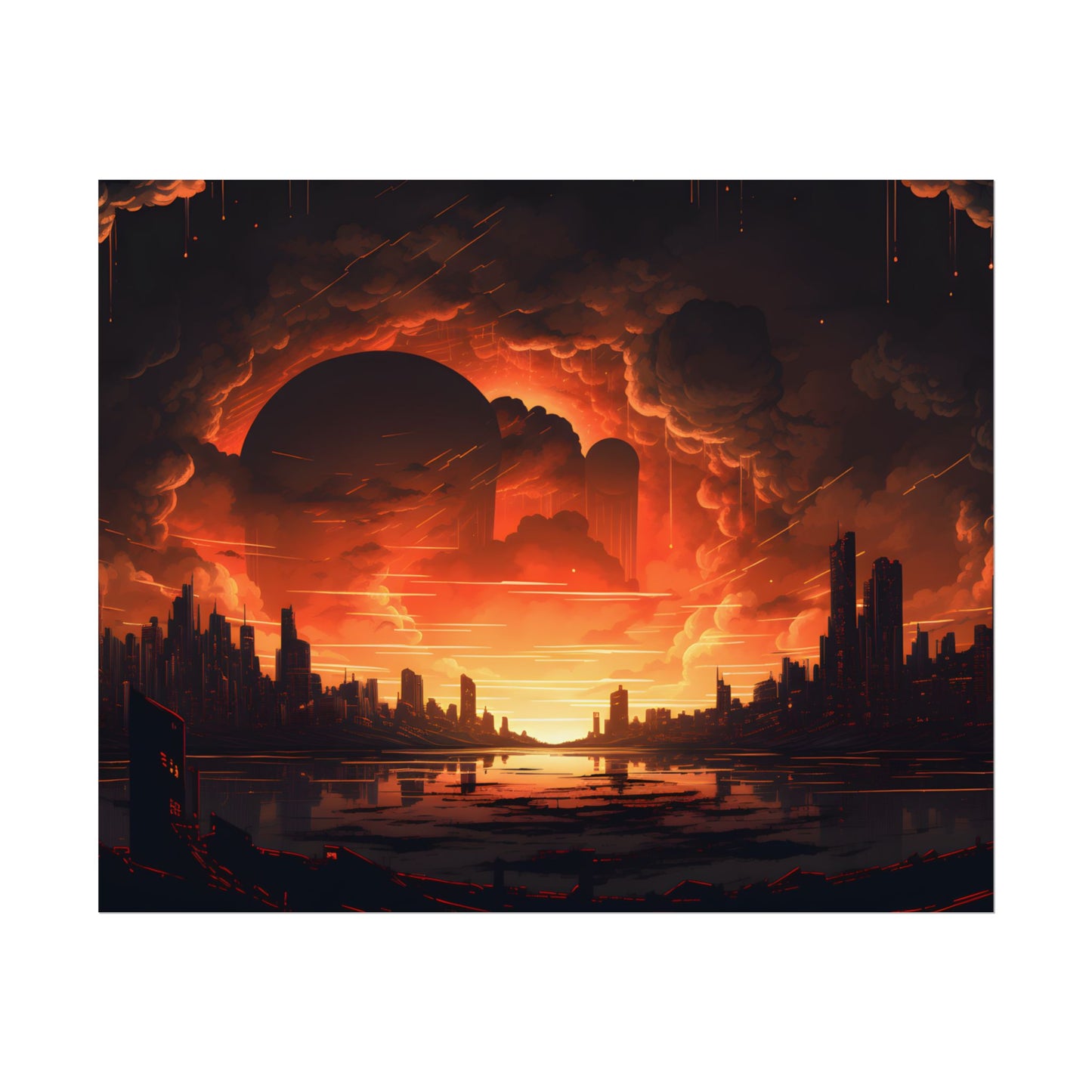 Futuristic Cyberpunk Night: Burning Cityscape Landscape Art - Poster