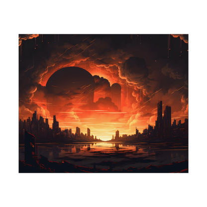 Futuristic Cyberpunk Night: Burning Cityscape Landscape Art - Poster