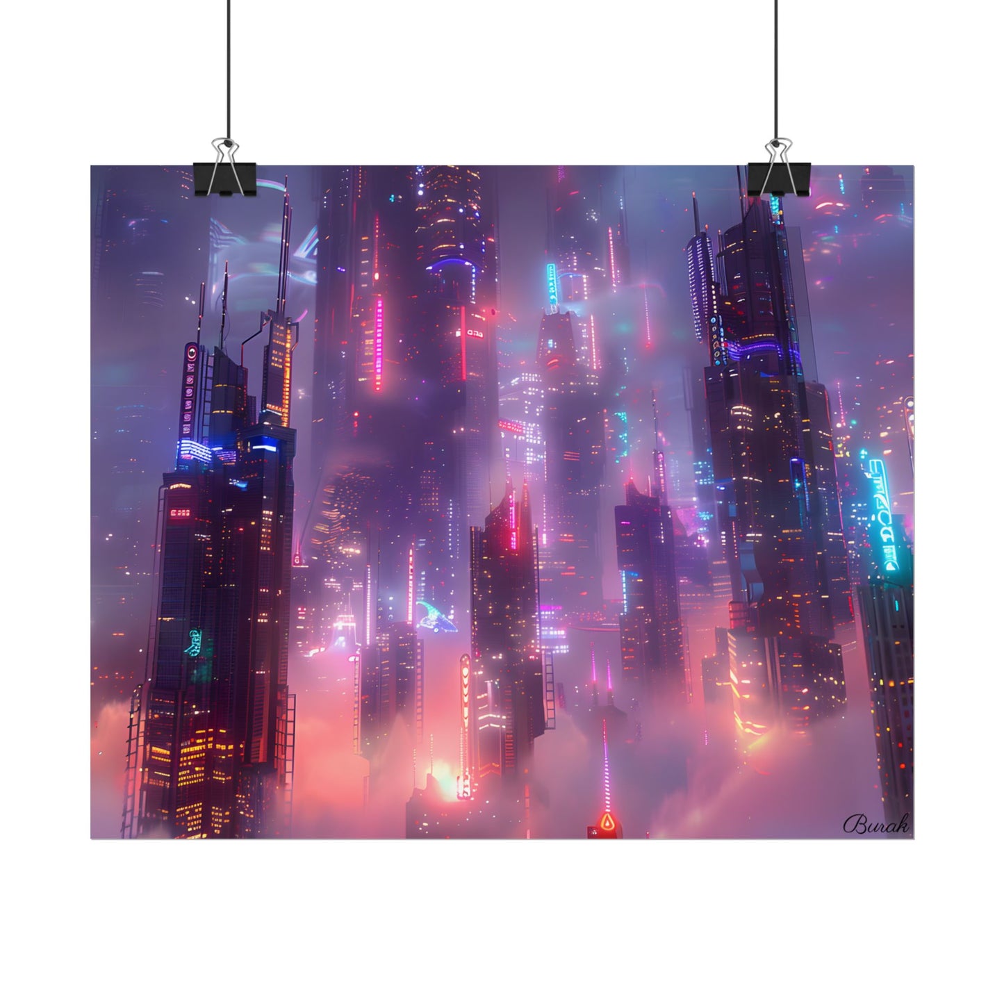 Neon Futuristic Cityscape: Graphic Modern Art - Poster