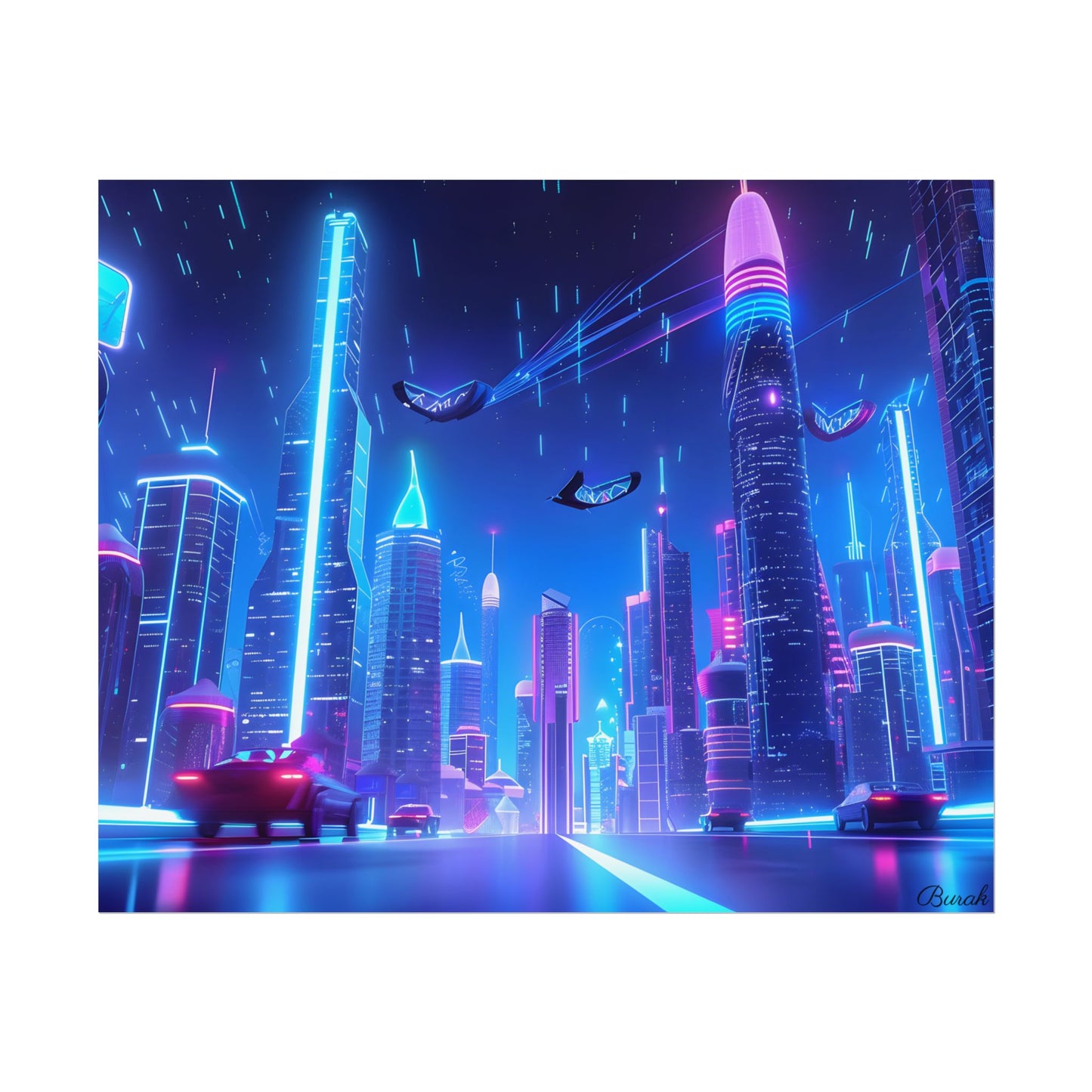 Vibrant Futuristic Cityscape: Neon Lights at Night Digital Artwork - Poster