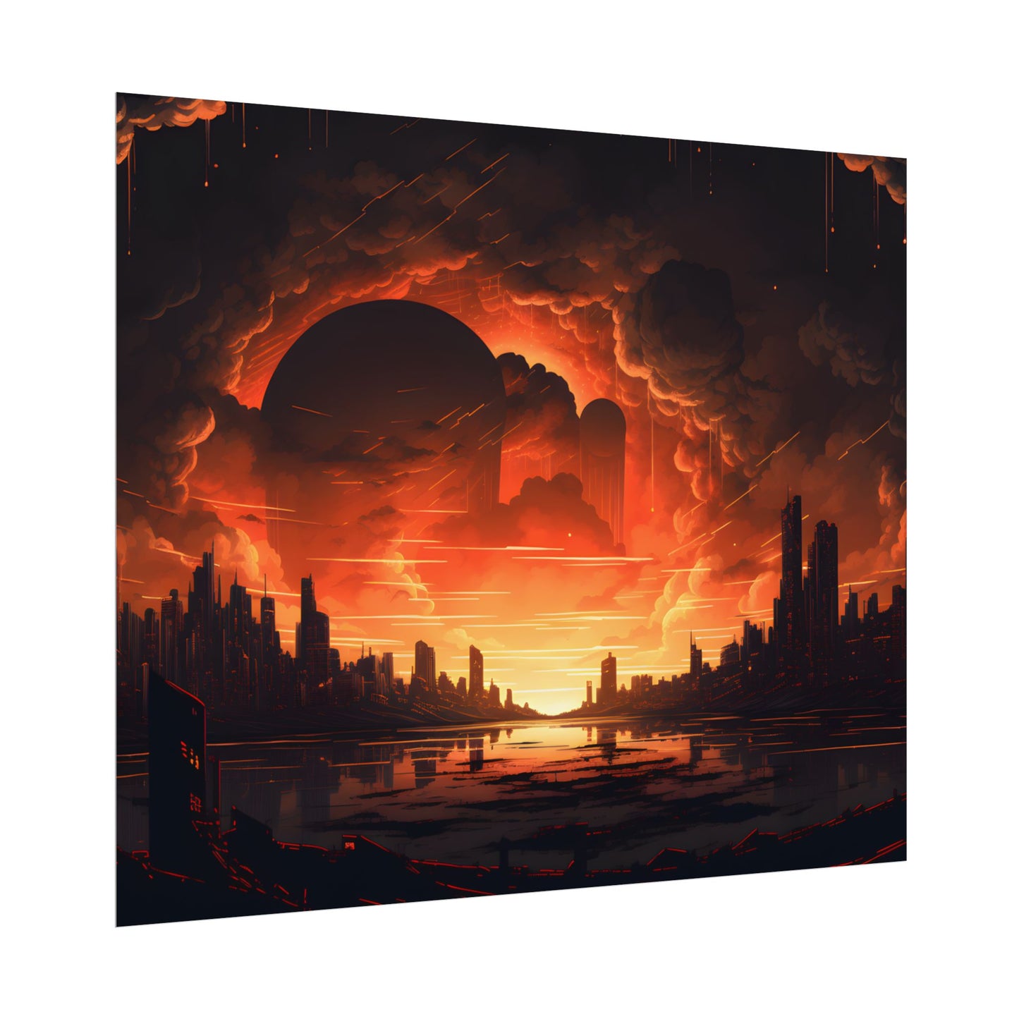Futuristic Cyberpunk Night: Burning Cityscape Landscape Art - Poster