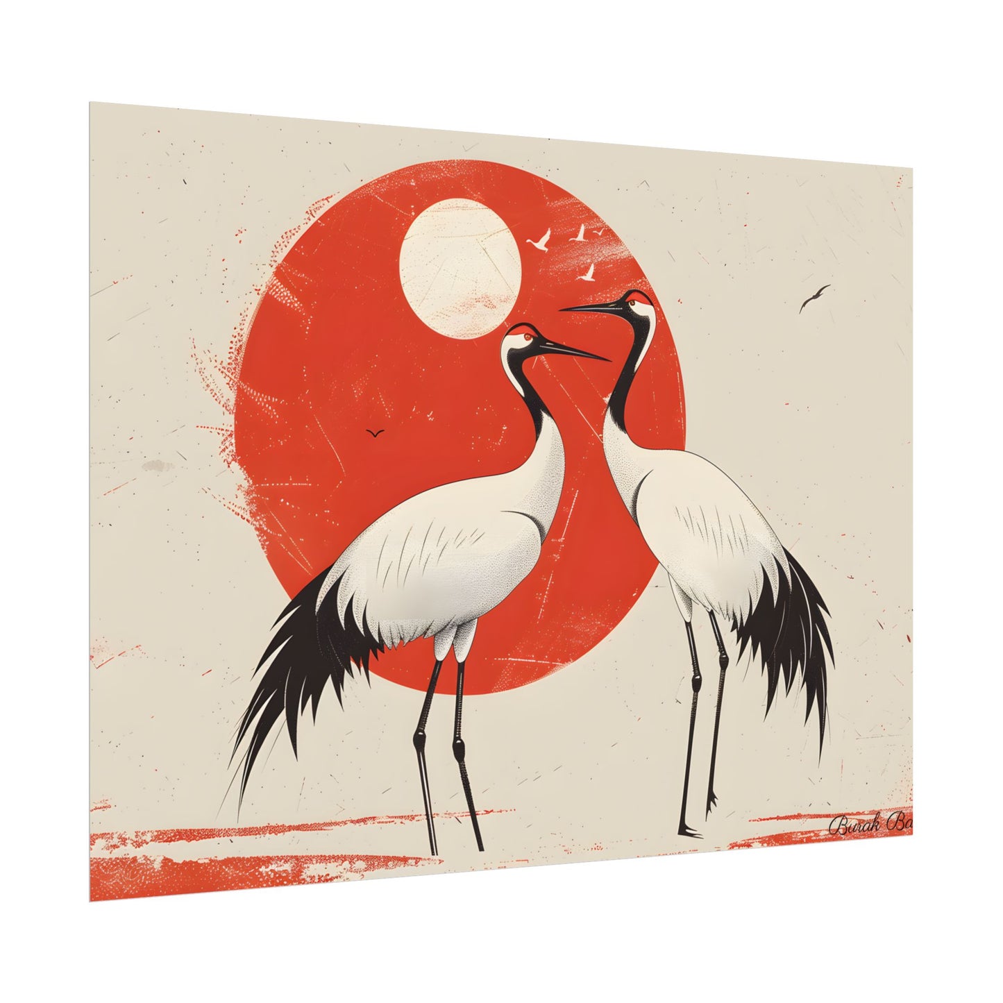 Serene Wildlife Sanctuary: Cranes in Red Nature Scene Art - Poster