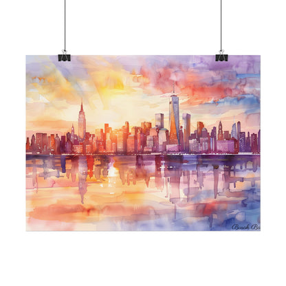 Watercolor Sunset New York City Skyline: Beautiful Artwork - Poster