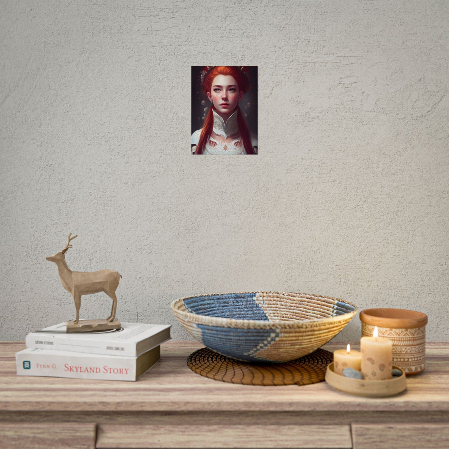 Soft Glow Redhead Portrait: Elegant Female Artwork in Dress - Poster