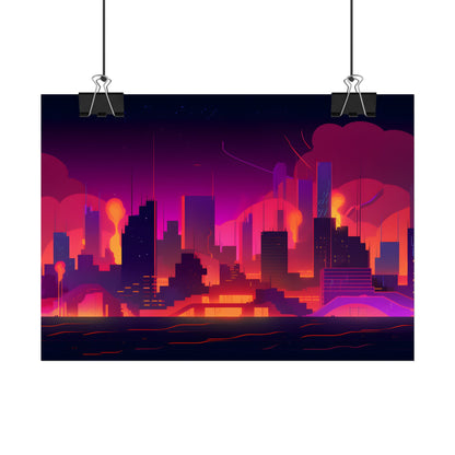 Burning Cyberpunk Cityscape: Nighttime Digital Artwork - Poster