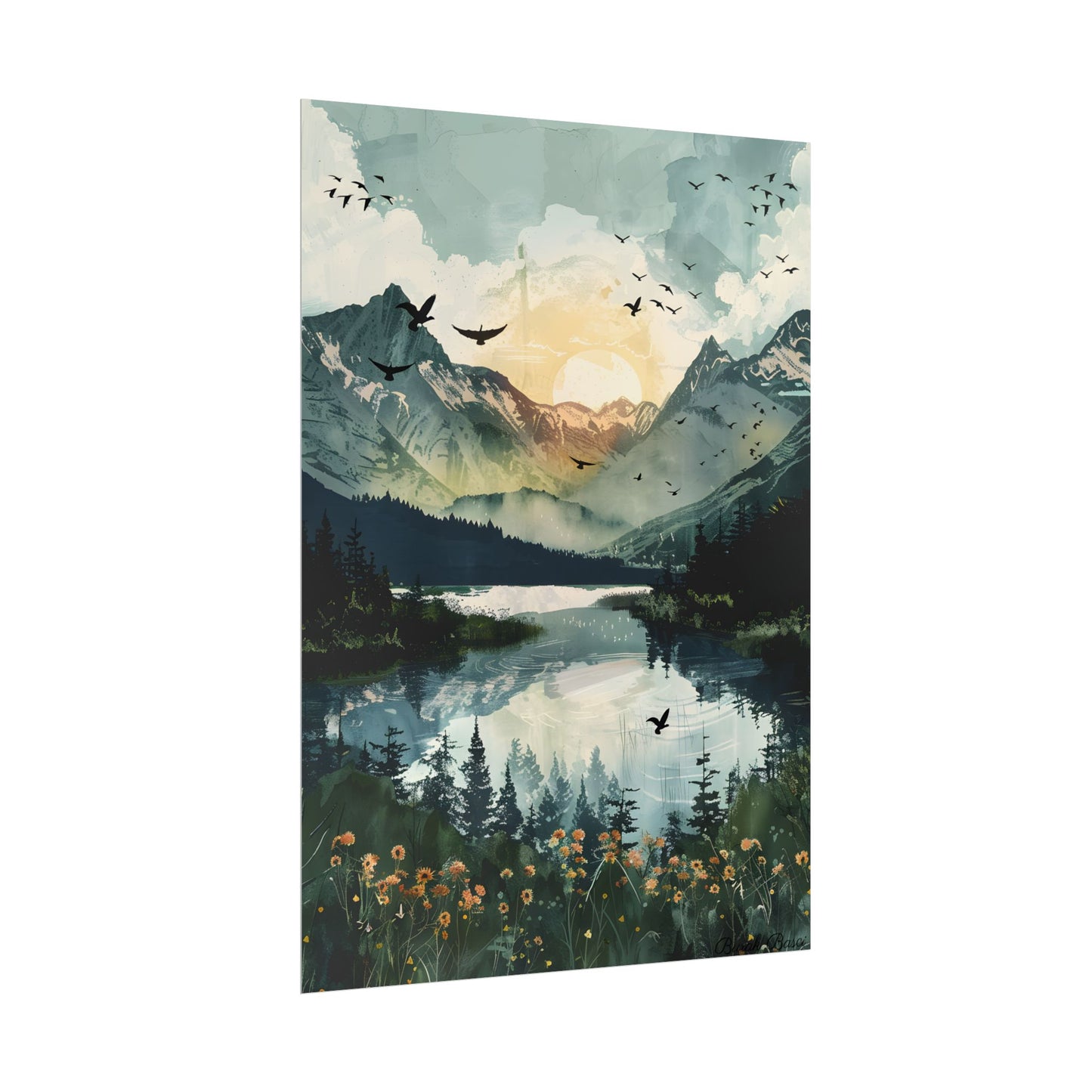 Serene Mountain Lake: Birds in Flight - Natural Art - Poster