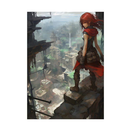 Dramatic Anime Bird's Eye View: Red Haired Heroine in Flight - Poster