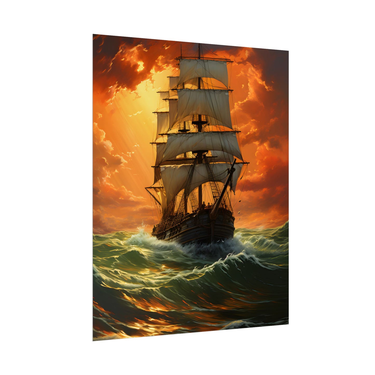 Nature's Serenity: Realistic Oil Painting of a Green Ship - Poster