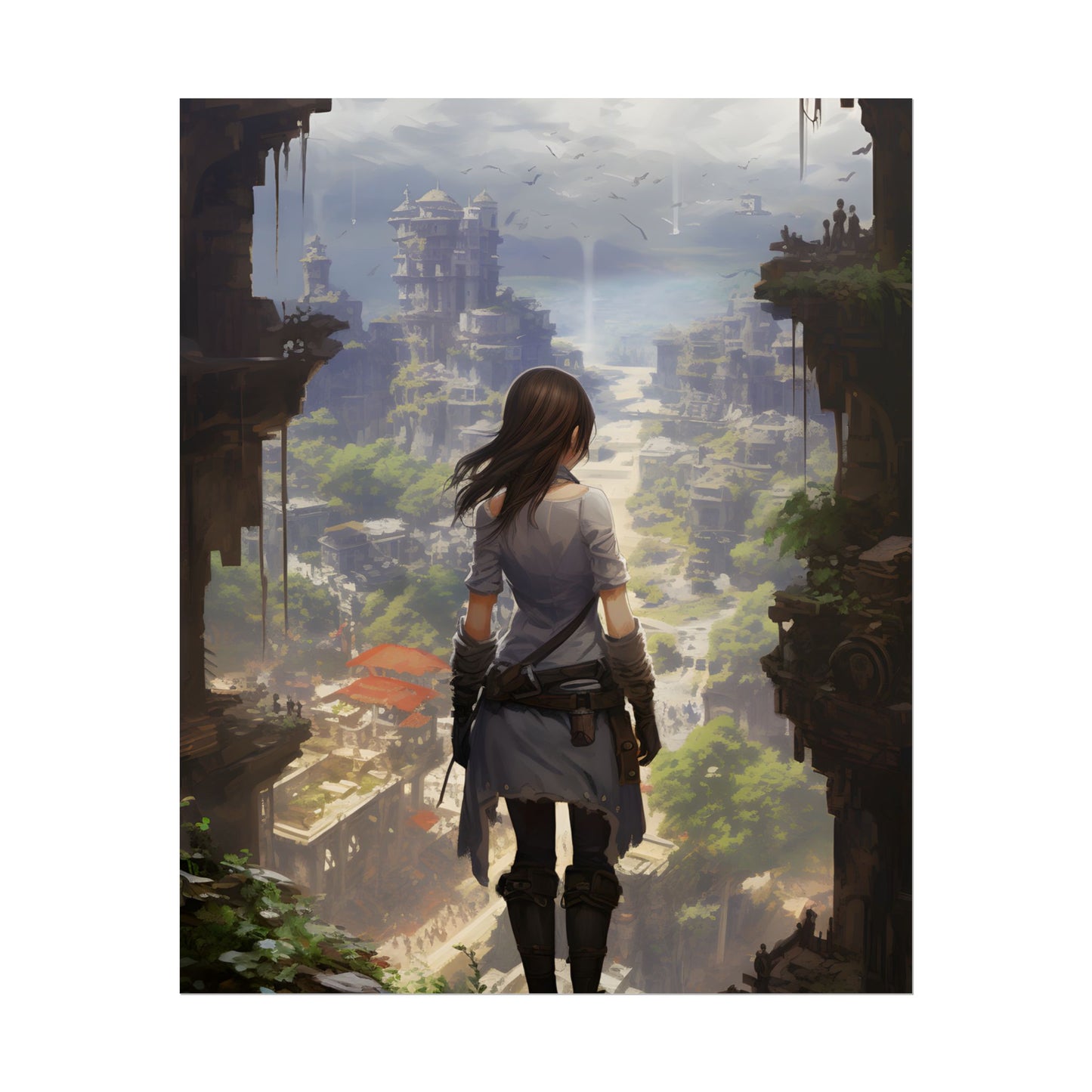 Dramatic Anime City Warrior: Bird's Eye View Digital Art - Poster