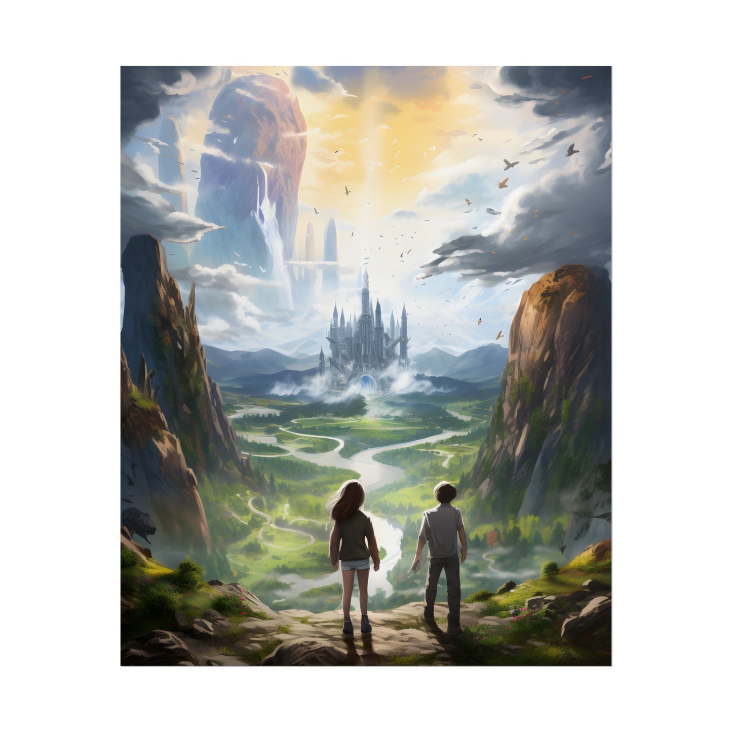 Girl and Boy in Serene Meadow: A Moment on Cloudy Hill - Poster