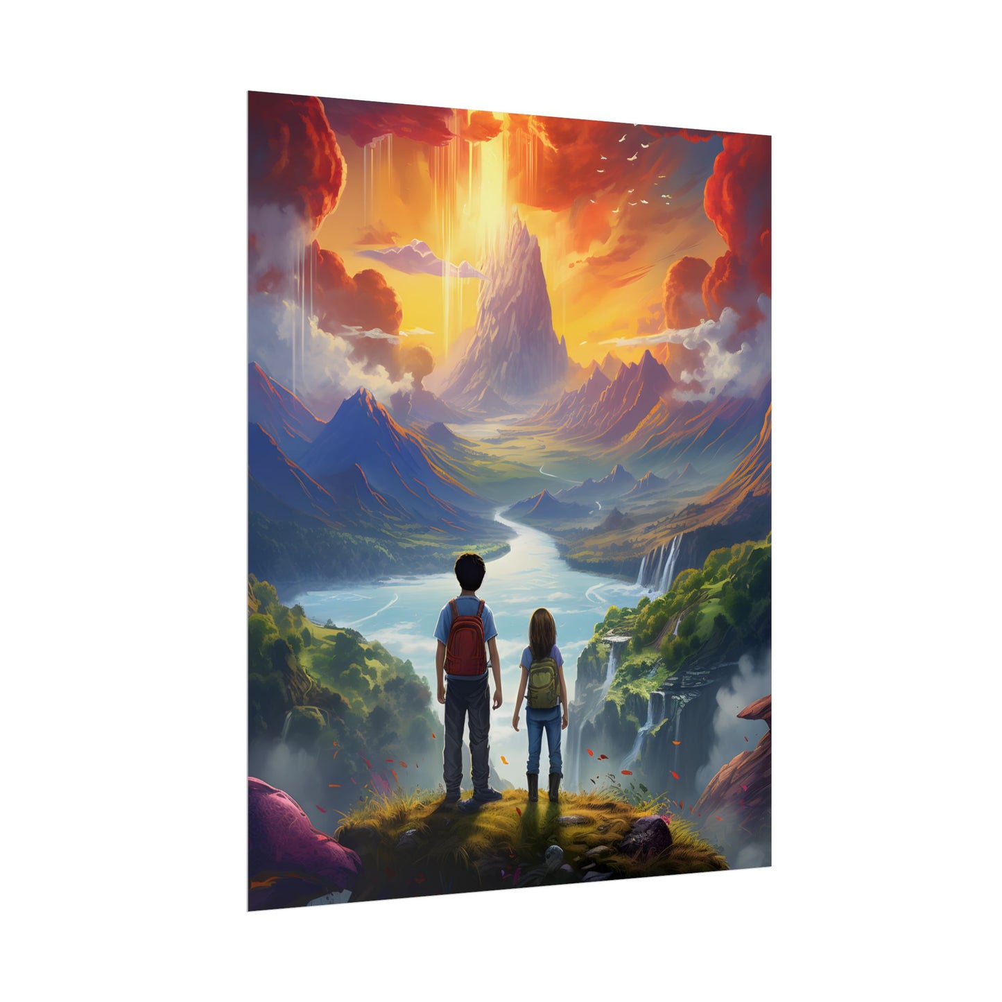 Girl, Boy, Meadow: A Peaceful Cloudy Day Artwork - Poster
