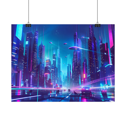 Futuristic Neon City: Towering Skyscrapers in a Vibrant Nighttime Sky - Poster
