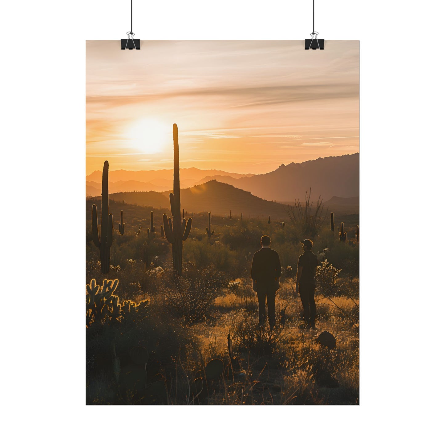 Desert Sunset Serenity: Two Friends Standing Together - Poster